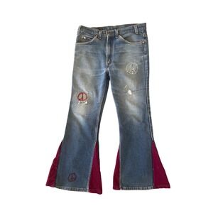 Vintage‎ Levi's 80s Upcycled Jeans BellBottoms 33x30 Altered Peace Sign Hippie